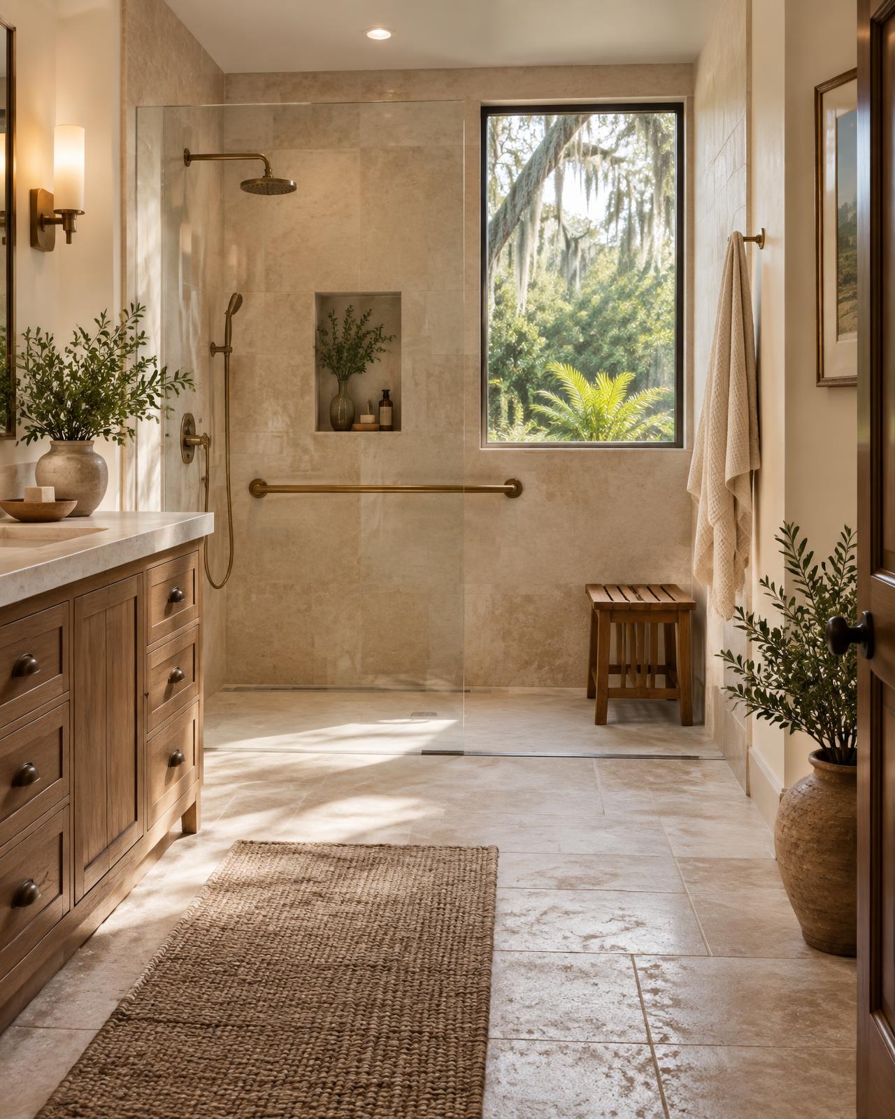 An elegant barrier-free shower with integrated grab bar