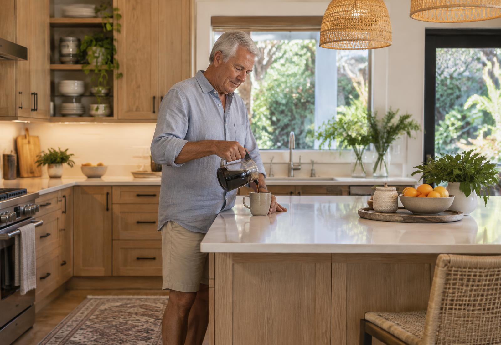 A mature man comfortably making coffee in his kitchen